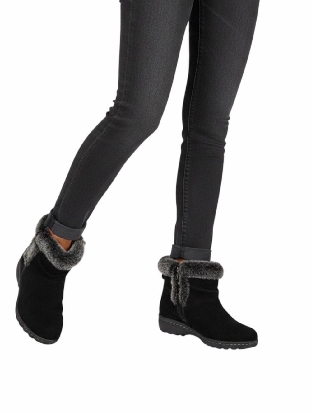 Khombu Lisa Black Suede Leather Gray Faux Fur Winter Zip Ankle Boot